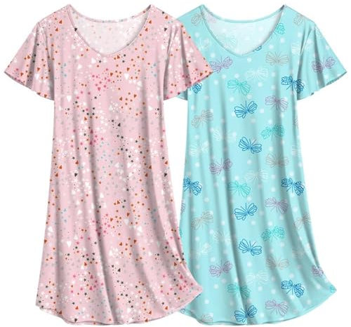Ekouaer Chemises de Nuit à Manches Courtes pour Femmes 2 pièces Chemise de Nuit Mignonne d'été Papillon Bleu + Rose XXL