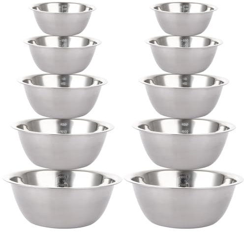 ZOFUN 10 Pcs Mixing Bowl Set, 580, 900, 1600, 2050, 2600 ml Metal Mixing Bowl Set Dishwasher Safe, 5 Size Salad Bowls with Measurement, Space Saving Stainless Steel Mixing Bowls for Baking, Cooking