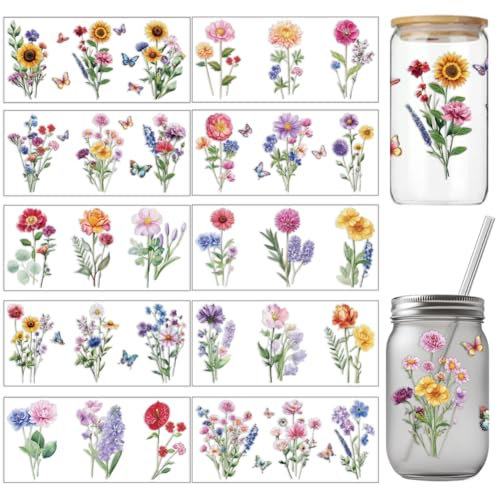 arricraft 10 Stück Verschiedene Blumen UV DTF Cup Wrap Transferaufkleber 10 Stile Sonnenblumen Wildblumen Veilchen Transferpapier Rubbelaufkleber PVC Cup Wrap Wasserfeste Rubbelbilder