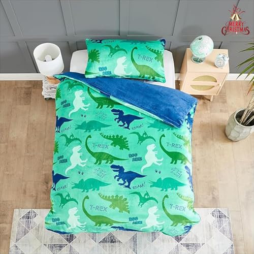 GC GAVENO CAVAILIA Teddy Bear Children Fleece Dinosaur Roar Duvet Cover Bedding Set With Matching Pillowcase Warm Cosy Kids Dinosaur Blue Single