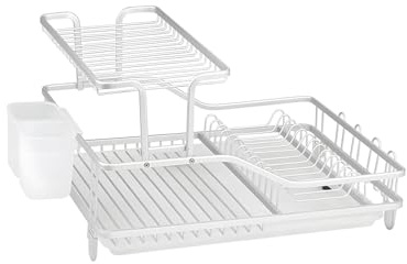 Wintem Escurreplatos de 2 Niveles de Aluminio antioxidante 55,5 x 35 x 27,3 cm Blanco – Incluye portavasos en el Lado del Nivel Superior, Patas Antideslizantes, Accesorios extraíbles y Divisor