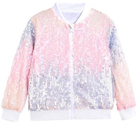 Cexiakong Pailletten Bomberjacke Girl Jacke mit Taschen glitzernde Oberbekleidung Reißverschluss langärmelig Geburtstagsjacken Regenbogen Einhorn 4 13 Jahre