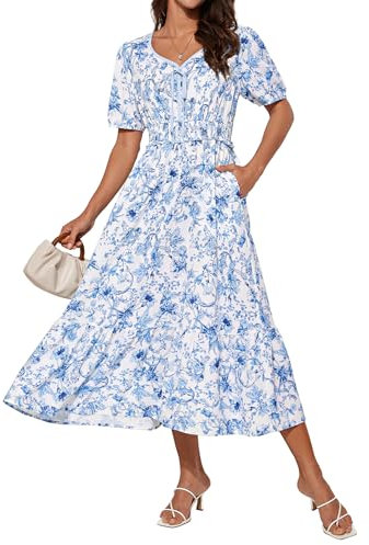 Damen Vintage Midi Blumenkleid Kurzarm V-Ausschnitt Sommerkleid A Linien Hochzeitsgast Kleid Weiß-Blaue Blumen XXL
