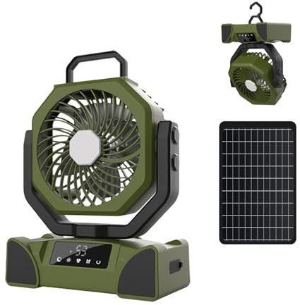 Camping Ventilador Portatil 20000mAh,Gancho Plegable,Traer Pantalla Táctil, Control Remoto, Función de Sincronización, 5 Velocidades de Viento,3 Colores y 3 Marchas LED, Método de Carga Dual USB+Solar