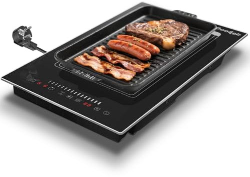 Cooksir Induktionskochfeld 2 Zonen mit Stecker, Kochfeld Autark 29CM, Flexible Kombinierte Zone(Grillbereich), 99 Minuten Timer, Silder Touch, Sicherheitssperre, 230V, Keramisches Glas, Metallrahmen