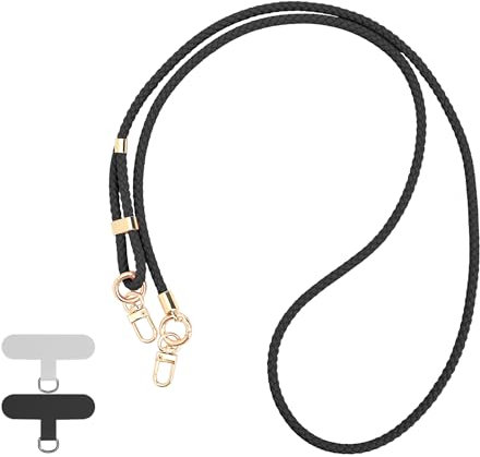 Reownest Cordon Téléphone Portable, Tour de Cou Universel pour Téléphone avec 2 Patchs, Lanière de Téléphone Réglable en Cuir Tressé, Collier Compatible avec la Plupart des Smartphones, Noir