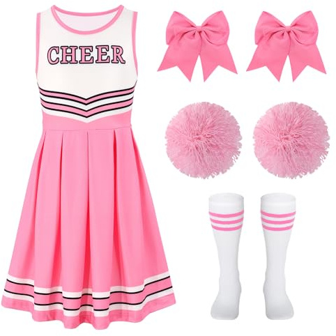 WERFORU Cheerleader Kostüm Kinder Mädchen Kostüm Cheerleader mit Pompoms Socken Kopfschmuck Cheerleading Uniform für Karneval Halloween Cosplay,5-12 Jahre