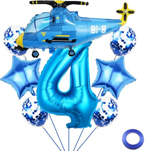 Liitata 4. Hubschrauber Geburtstags Party Deko Aeroplane Geburtstag Luftballon Set Blau Zahl 4 Folienballon Großes Hubschrauber Luftballon für Junge Geburtstag Party Deko