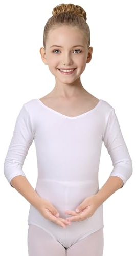 ANTLOOWW Body da Balletto per Bambine con Maniche A 3/4 Body da Balletto in Cotone con Scollo A V Body da Ginnastica per Bambine E Donne Taglia 110-170 (Bianco, 130)