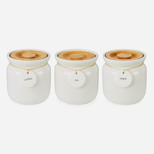 Set of 3 Large Tea, Coffee & Sugar Ceramic Canisters Jars with Bamboo Lids, Modern Minimalist Countertop Kitchen Containers, Vintage Country Style Storage Pots -15 cm Tall