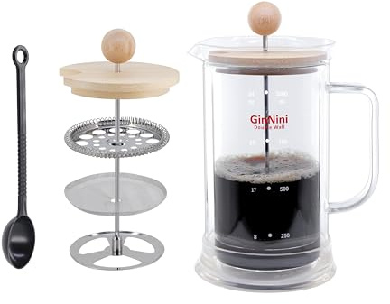 GinNini 34-Ounce French Press Coffee Maker, Double Wall Borosilicate Glass Carafe with Removable Stainless Steel Filter and Shaft with Enlarged Bamboo Knob and Lid,Heat-Resistant for Coffee and Tea