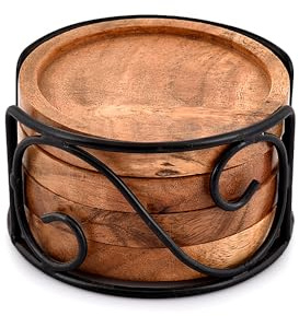 Juego de 4 posavasos de madera de acacia con soporte de hierro para té, bebidas, tazas, latas, vasos para cualquier tipo de mesa (4 x 4 x 0.5 pulgadas)