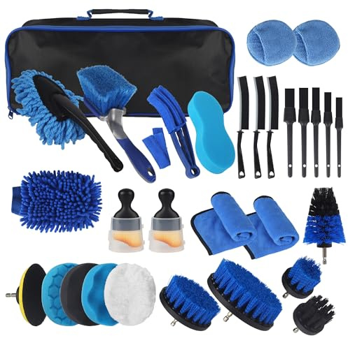31 Pièces Kit Nettoyage Voiture avec Sac de Transport, Brosse Detailing Auto et Éponges de Polissage, Brosse Nettoyage Voiture,pour Nettoyage des pneus,Sortie d'air Auto Intérieur & Extérieur