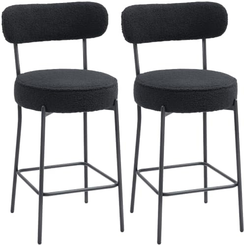 HOMCOM Barhocker 2er Set Barstühle mit Fußstütze, Lehne, 68 cm, Schwarz | Küchenstühle, Fleece-Optik, Gepolstert, Tresenhocker, Stahlgestell, für Küche, Esszimmer, Wohnzimmer