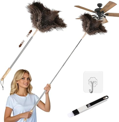 Btstil Extendable Feather Duster, 43-115cm Ostrich Feather Dusters with Metal Handle, Fluffy Natural Genuine Feather Duster for Cleaning High Ceilings Lights Cupboards