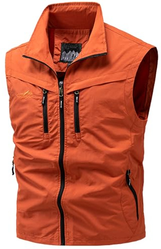 FEOYA Outdoor Weste Herren Anglerweste Leicht Schnelltrockenweste Ärmellos Weste mit Viele Taschen für Angeln Safari Jagd Fotografie Camping Multifunktionsweste Sommer Orange XXL