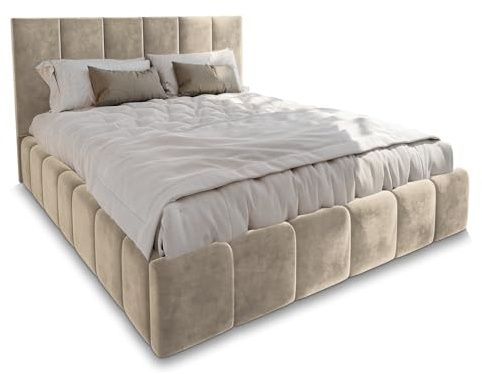 Masseno Polsterbett TARANTO 160x200 cm, Doppelbett, Bettkasten, Stauraum, Lattenrost Und Kopfteil - Creme, Monolith 04