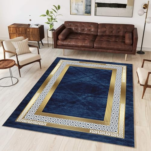 Kuluoits Moderner Abstrakter Teppich, 120x180cm, Geometrischer Teppich, Modischer Luxus-Teppiche, Waschbar, Rutschfester Kurzflorteppich, Marineblau, Weich Groß für Wohnzimmer, Schlafzimmer