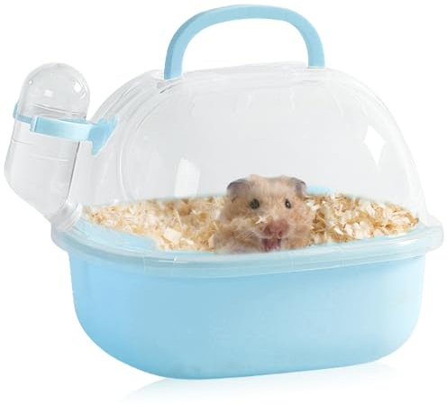 Transportbox Hamster con botella de agua, 20 x 18 x 19 cm, portátil, para animales pequeños, jaula de transporte con ranuras de ventilación, caja de viaje, jaula de transporte para jerbos, ratones