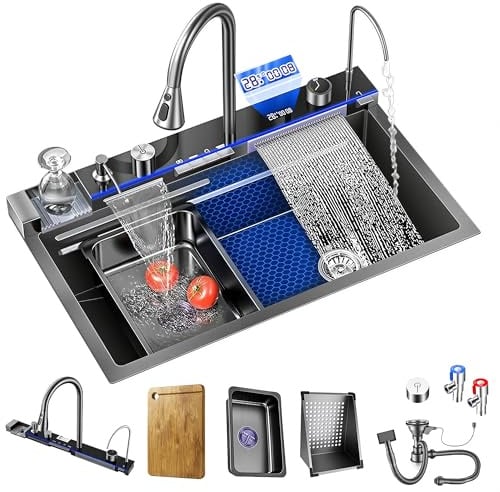Edelstahl Spülbecken, 80 x 45 cm Küchenspüle, mit LED-Anzeige, Großvolumige Einzelwanne, Ausziehbarer Wasserfall-Wasserhahn, Überlaufvorrichtung und Ablaufgarnitur Sowie Diverses Zubehör.