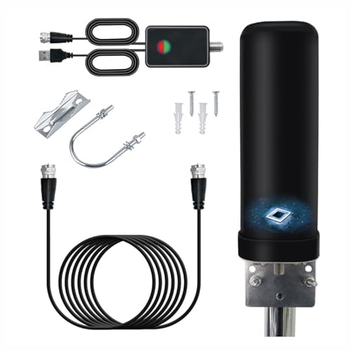 Antenne TV Intérieur Extérieure Puissante, IP66 Antenne TNT Anti-Foudre Réception à 360 ° avec Amplificateur Signal Booster et Câble Coaxial de 13m pour DVB-T DVB-T2 1080P 4K VHF UHF DTMB