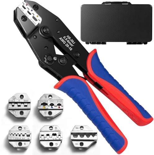 Mtchavno Crimpzange Set 6-tlg, Wechselbacken und Ratschen-Krimperzange | Für Schrumpfschläuche, isolierte Nylonkabel, nicht isolierte Kabel, Aderendhülsen, offene Kabelschuhe, Solar/PV Stecker