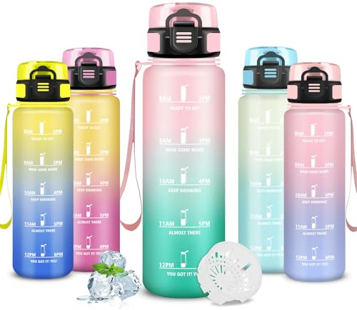 Mujigaga Wasserflasche, Trinkflasche 1l, Auslaufsicher, Trinkflasche Kohlensäure Geeignet, Wasserflasche mit Motivierendem Slogan, Water Bottle für Schule, Klettern, Yoga, Running, Camping, Triathlon