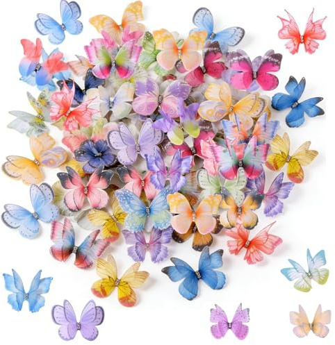 100 Stück Schmetterlinge Deko, 3D Organza Butterfly Aufkleber Strass | Organza, Doppellagige, Bunte Schmetterling Sticker für DIY Basteln Wandtattoo Fensterbilder, Geburtstagsparty, Frühlingsdeko
