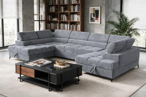 SOFILAND BEVIANO Wohnlandschaft U-Form mit Schlaffunktion und Bettkasten (Grau)