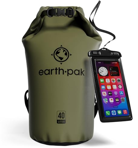 Wasserdichter Packsack 40L - Dry Bag Rolltop Tasche für Kajak und Boot | Wasserdichter Rolltop Dry Bag 40L in Waldgrün aus robustem 500D PVC mit IPX8-Handyhülle für Kajak und Boot