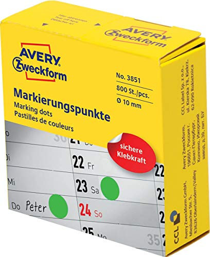 AVERY Zweckform 3851 selbstklebende Markierungspunkte 800 Stück (Ø10mm, Klebepunkte auf Rolle im Spender, Punktaufkleber zur Farbcodierung, runde Aufkleber für Kalender, Planer und zum Basteln) grün