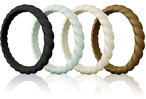 Egnaro Silikon-Ehering für Damen, dünn und stapelbar, geflochtenes Gummi, ungiftig, hautsicher, 31-Black,Cyan,Light Grey,Light Brown,Dark Brown, 3.5-4(15.3mm)