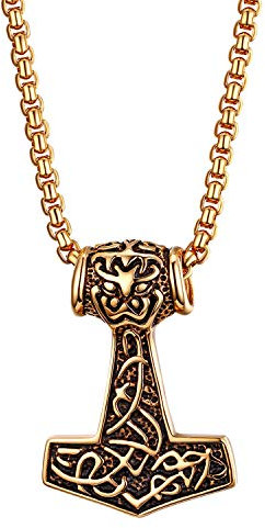 JewelryWe Schmuck Edelstahl Thor Hammer Thorshammer Anhänger Halskette Retro Kettenanhänger mit 56cm Kette für Herren, Gold