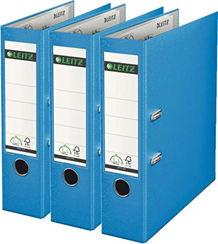 Leitz 1010 Qualitäts-Ordner Kunststoff breit mit patentierter 180º Präzisionsmechanik (3er Pack, 8 cm breit, hellblau)