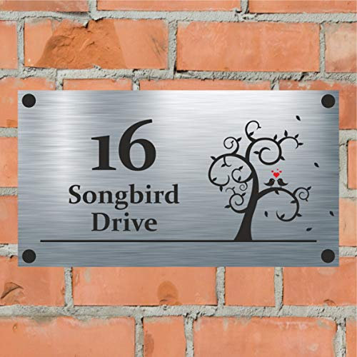 Precision Designs Love Birds In A Tree - Aluminium House Sign Personalised With Your House Name/Number & Street Name
