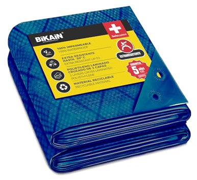 BIKAIN Bâche imperméable pour l'extérieur - 3x4m - 90 g/m2 - Trous soudés renforcés - Polyéthylène laminé croisé 3 Couches - Bleu - Protection Totale - Extra Forte