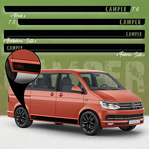 Auto-Dress® Seiten-Streifen Aufkleber Set/Dekor passend für VW T4, T5 & T6 Bus in Wunschfarbe - Motiv: Camper Original (175 Shortbread, Langer Radstand)