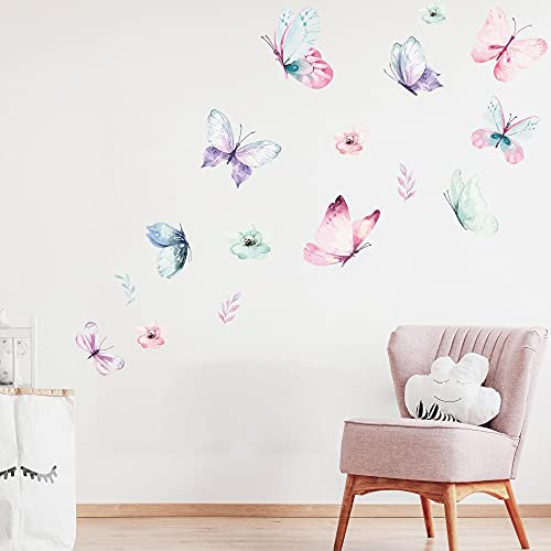 WANDKIND SCHMETTERLING Schwarm Wandtattoo Set | handgezeichnet | AUFKLEBER Kindergarten | Wandsticker Kinderzimmer Schmetterlinge Blume Blumen Pflanzen (60 x 60 cm)