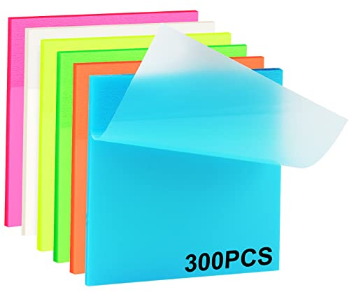 Transparente Haftnotizen, Gelanty 300 Blätter Farbige Transparent Sticky Notes Set, Wasserfest Selbstklebendes Haftnotizen für Büro und Studenten, 6 Sätze à 50 Post-Its, 75 x 75 mm