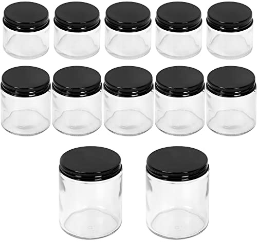 Keadic 12 Pcs 3 Sizes Glass Jars with Lids Assortment Set, 2oz 4oz 8oz Mini Round Airtight Canning Sample Jars with Black Lids, Tiny Makeup Containers Empty Cosmetic Containers