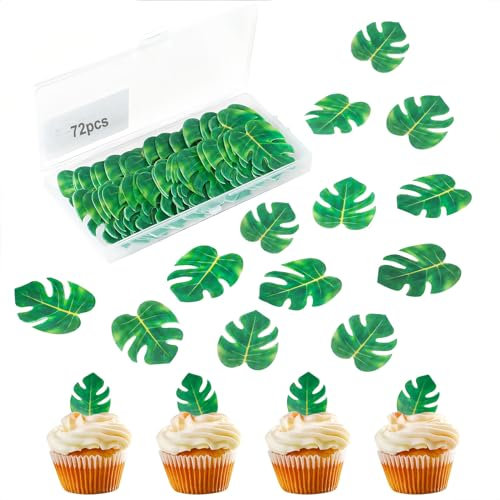 BOZILY 72 Stück Essbare Tropische Schildkrötenblätter Cupcake Topper, Blätter Kuchen Dekoration, Dschungel Tortendeko Palmblatt-Kuchen-Deckel für Sommer tropischen Party Themenkuchen