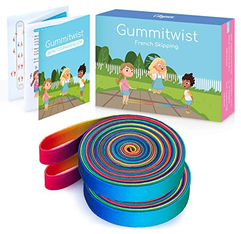 Cikyner Gummitwist Kinder Set,2 Stück Hüpfgummi 4m lang 1.5cm weit Gummi Twist mit Anleitung Polyester-Latex Regenbogen Band für Kinder Hüpfspiele drinnen und draußen, Mädchen & Jungs