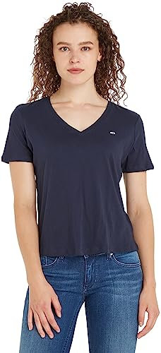 Tommy Jeans Mujer Camiseta Manga Corta TJW Slim Soft Cuello de Pico, Azul (Twilight Navy), L