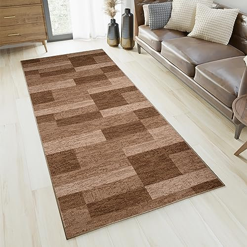 TAPISO Anti Rutsch Teppich Läufer rutschfest Brücke Meterware Modern Dunkelbraun Vierecke Geometrisch Design Flur Küche Wohnzimmer Diele 120 x 300 cm