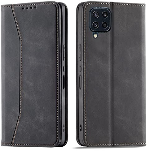 OKZone Kompatibel mit Samsung Galaxy M32 4G Hülle, Magnet Leder Tasche Handyhülle, Kartenfächer Samsung Galaxy M32 4G Schutzhülle, [Premium PU Leder] Flip Klappbare Magnetische Standfunktion (Schwarz)