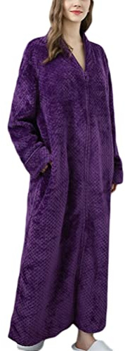 Onsoyours Vestaglia Pile Donna Uomo con Zip Flanella Coppia Invernale Lunga Accappatoi Elegante Morbidissimo Calda Lunga Felpata Pigiama da Notte A Viola S