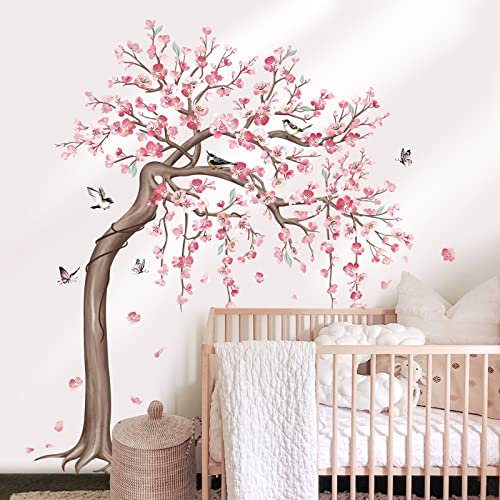 wondever Wandtattoo Baum Groß Kirschblüte Wandaufkleber Blumen Rosa Vögel auf Ast Wandsticker Wanddeko für Wohnzimmer Schlafzimmer Sofa Hintergrund (H: 162cm)