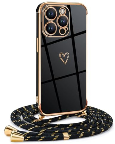 Mkej Frauen Mädchen Handykette Kompatibel mit iPhone 11 Pro - Silikon Hülle mit Band - Handyhülle für iPhone 11 Pro Herz Love Design Galvanik - Hülle mit Kordel in schwarzes Gold