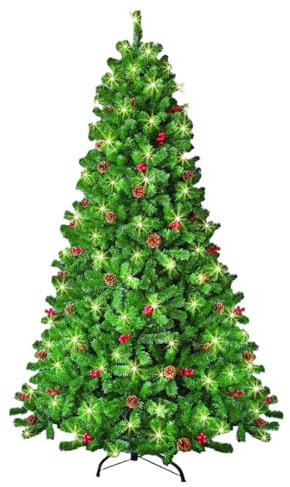 SHATCHI 4Ft-8Ft Pre-Lit Artificial Christmas Tree Maryland Fir Green Tips Red Berries and Pine Cones Warm White LEDs Xmas Home Decorations Metal Stand, 6Ft