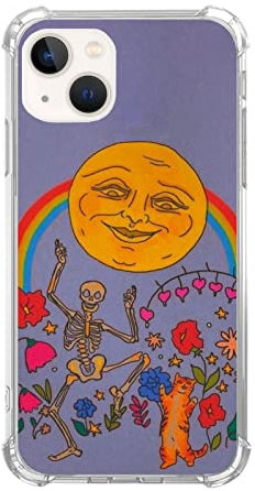 SVNICFYA Dancing Skull with Cat Case Compatible with iPhone 13, Hippie Trippy Sun Rainbow Flowers Pattern Case for Girls Boys Women Men, Soft TPU Shockproof Case for iPhone 13